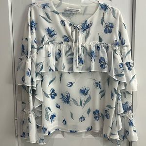 Endless Rose white blue green ruffles flowing lightweight blouse tie front Med